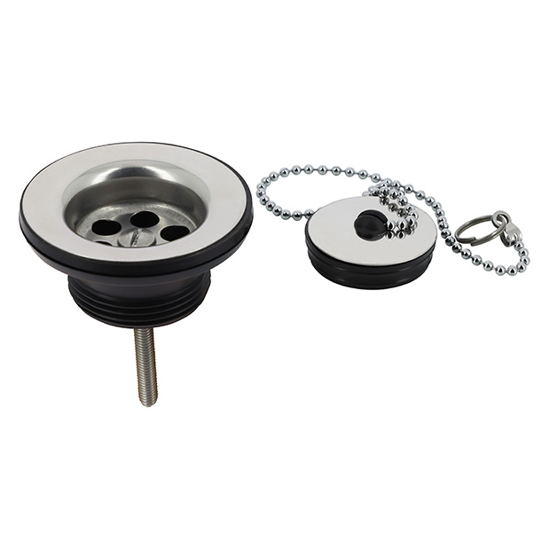 Wastafelplug met inox plug, rubberen stop en ketting, type L260R