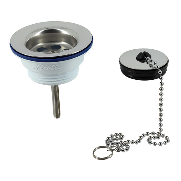 Wastafelplug met inox plug, rubberen stop en ketting, type L260